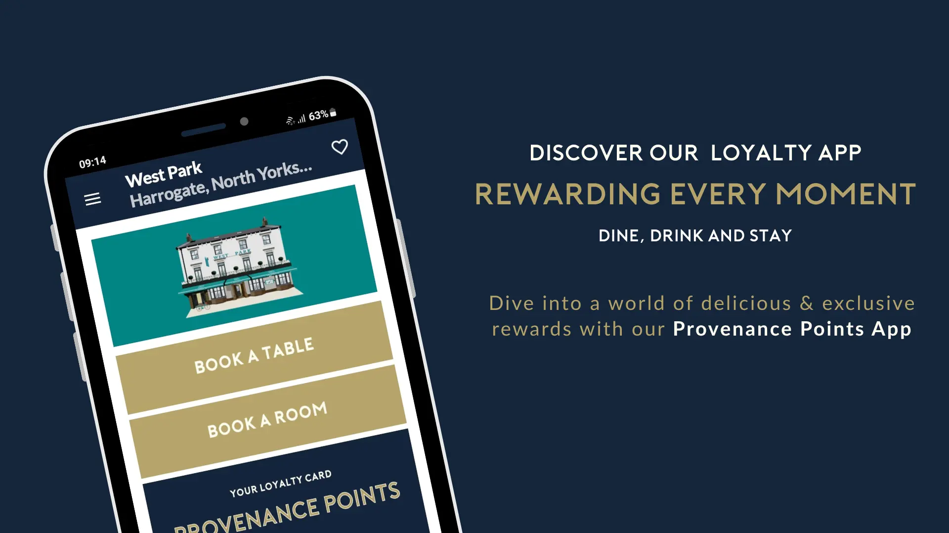 Phone screen displaying the Provenance Points app with text displayed on the side saying “Discover our loyalty app, rewarding every moment, dine, drink and stay. Dive into a world of delicious and exclusive rewards with our Provenance Points App.”